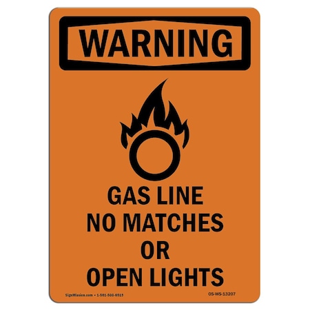 Signmission Safety Sign, OSHA WARNING, 7" Height, Gas Line No Matches, Portrait OS-WS-D-57-V-13207
